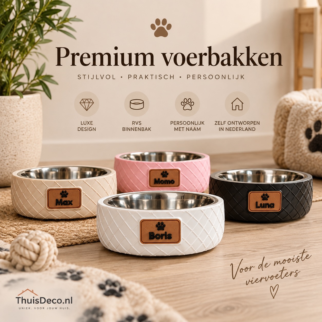 Gepersonaliseerde premium voerbakken met naam en RVS binnenbak