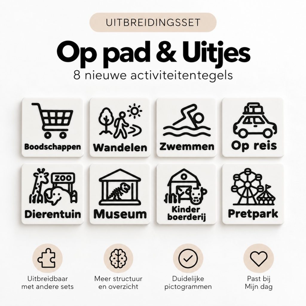 Uitbreidingsset visuele dagplanner Op pad en Uitjes met 8 activiteitentegels