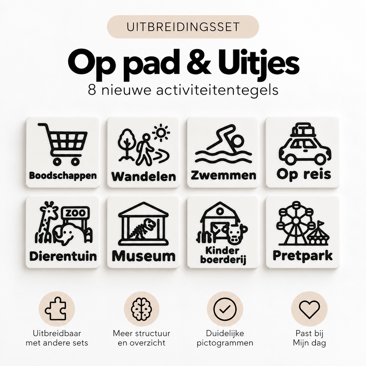 Uitbreidingsset visuele dagplanner Op pad en Uitjes met 8 activiteitentegels