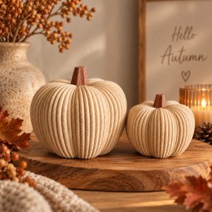 Decoratieve pompoenen beige set van 2 als herfstdecoratie