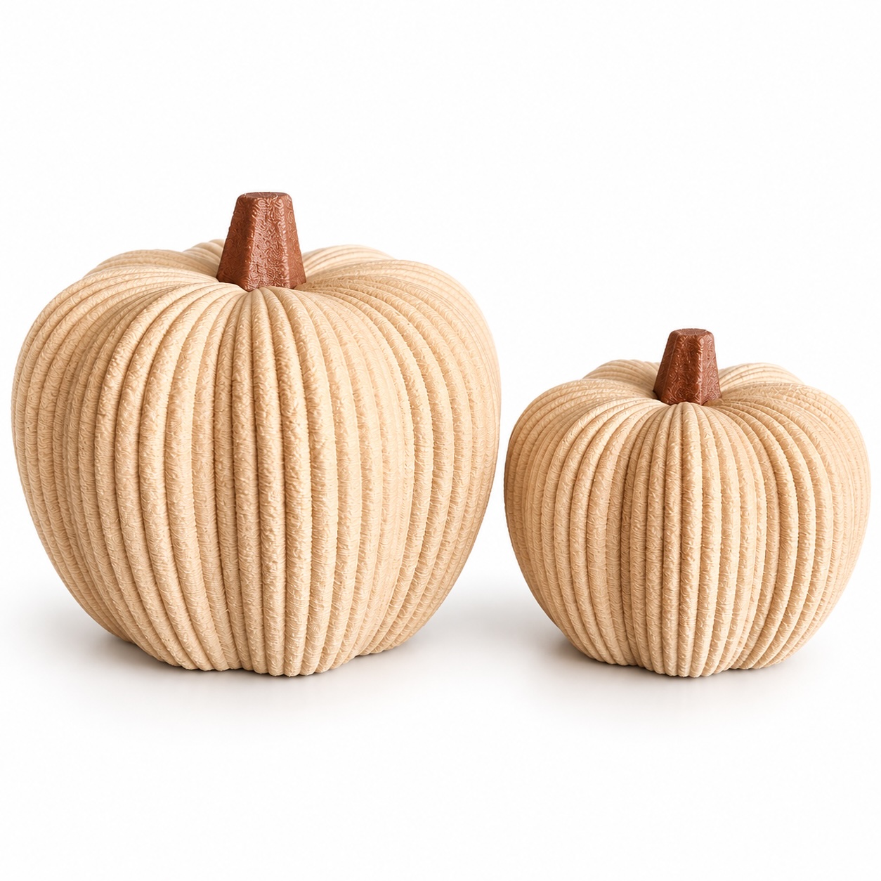 Decoratieve pompoenen beige set van 2 met bruine steel